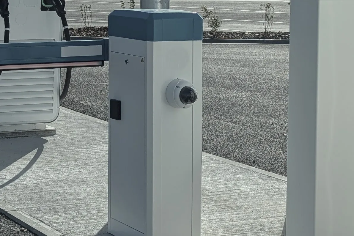 ANPR camera mounted on an entry-gate pillar at a charging site