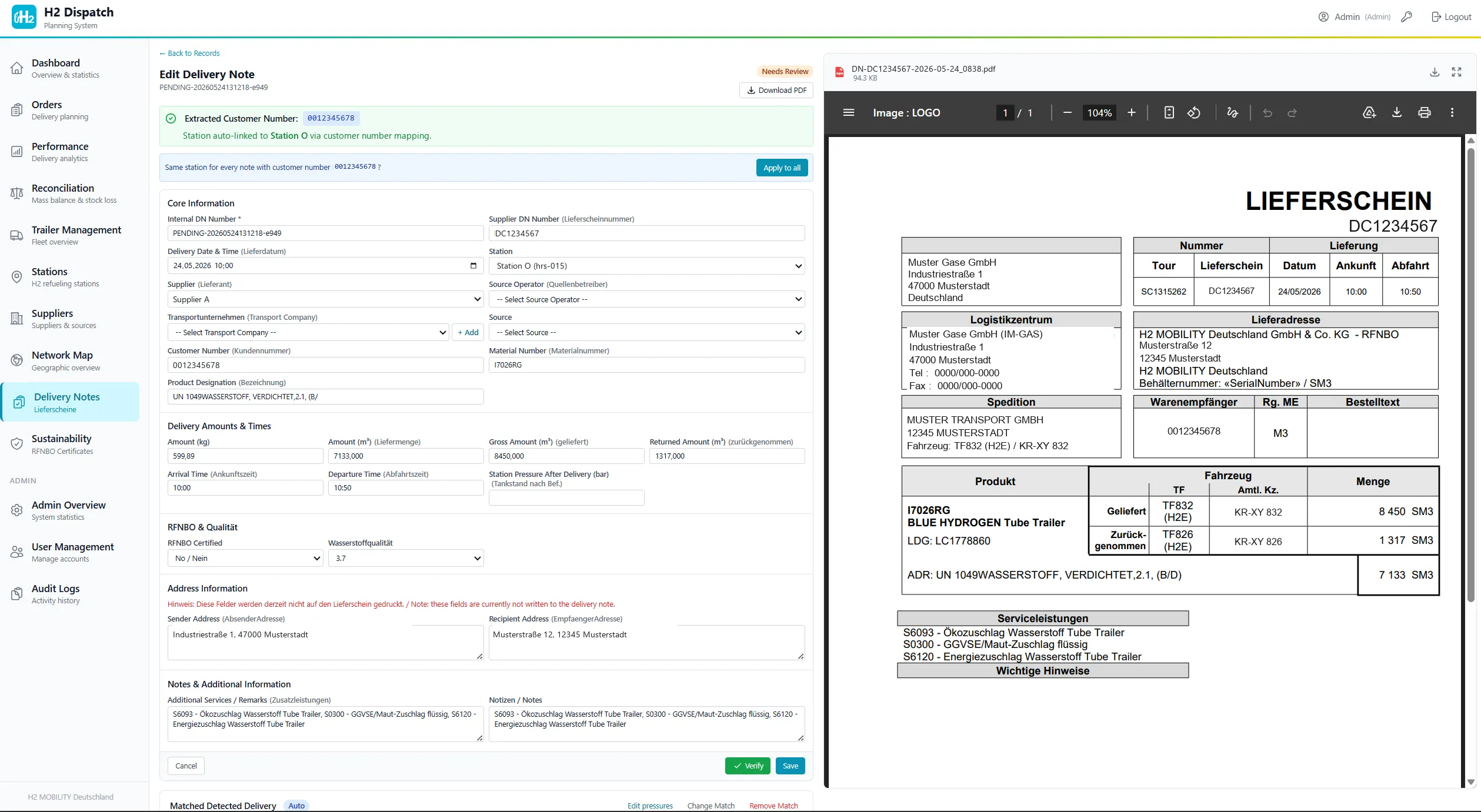 Delivery note editor with PDF viewer and extracted fields side by side
