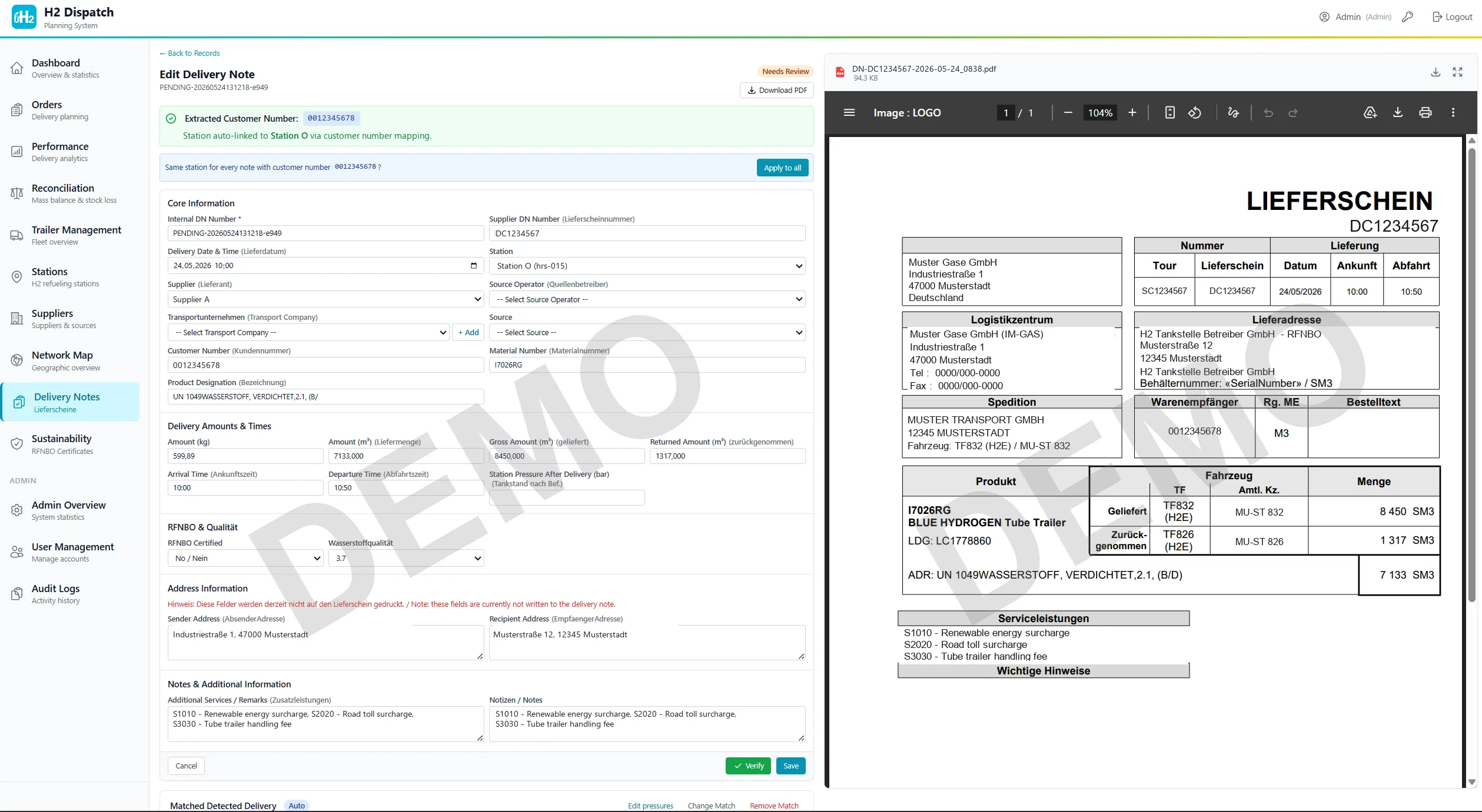 Delivery note editor with PDF viewer and extracted fields side by side
