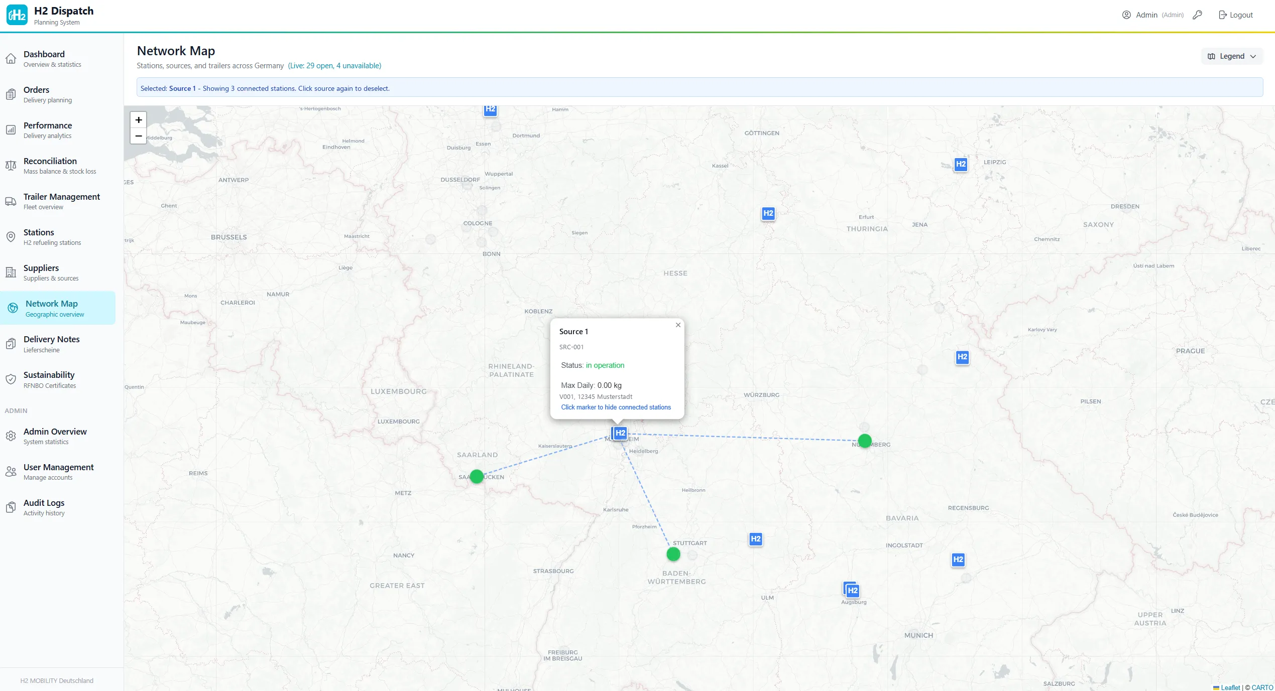 Network map showing hydrogen stations, sources and live availability across Germany